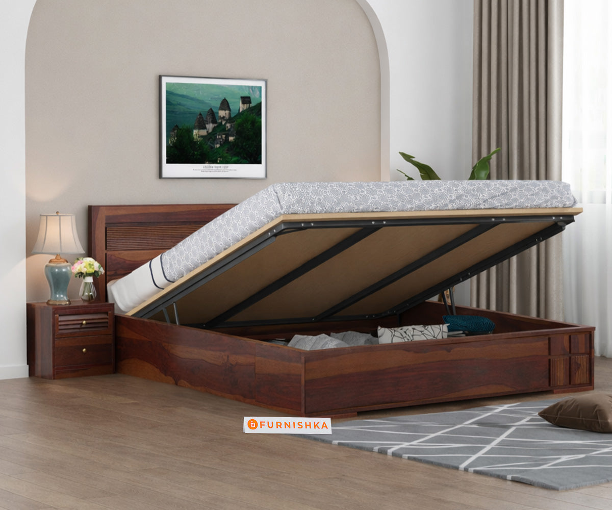 Amelia Sheesham wood Hydraulic Storage Bed Queen Size - Furnishka 