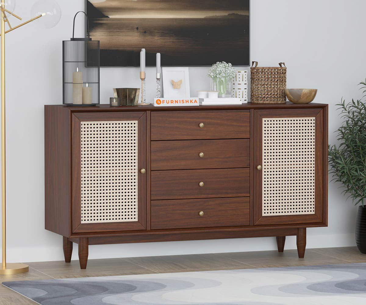 Angela acacia Wood Cane Chest of Drawer - Furnishka 