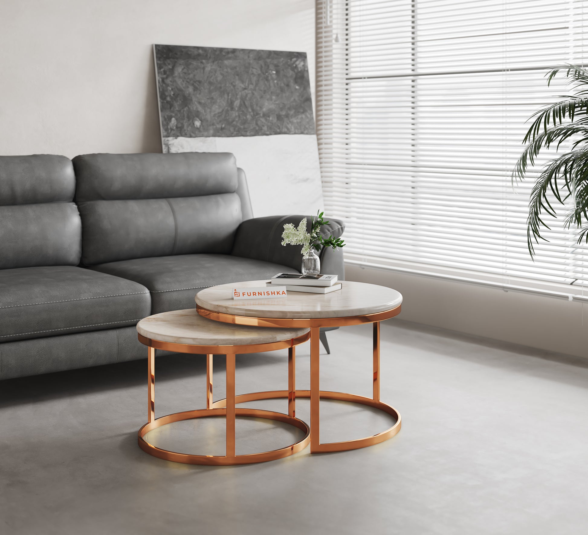 Arcus Nesting Table with Australian Onyx Top in Rose Gold finish - Furnishka 