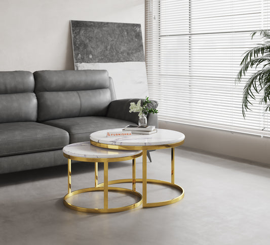 Arcus Nesting Table with Quartz Marble Top in  Gold Finish - Furnishka 
