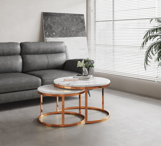 Arcus Nesting Table with Quartz Marble Top in Rose Gold Finish - Furnishka 