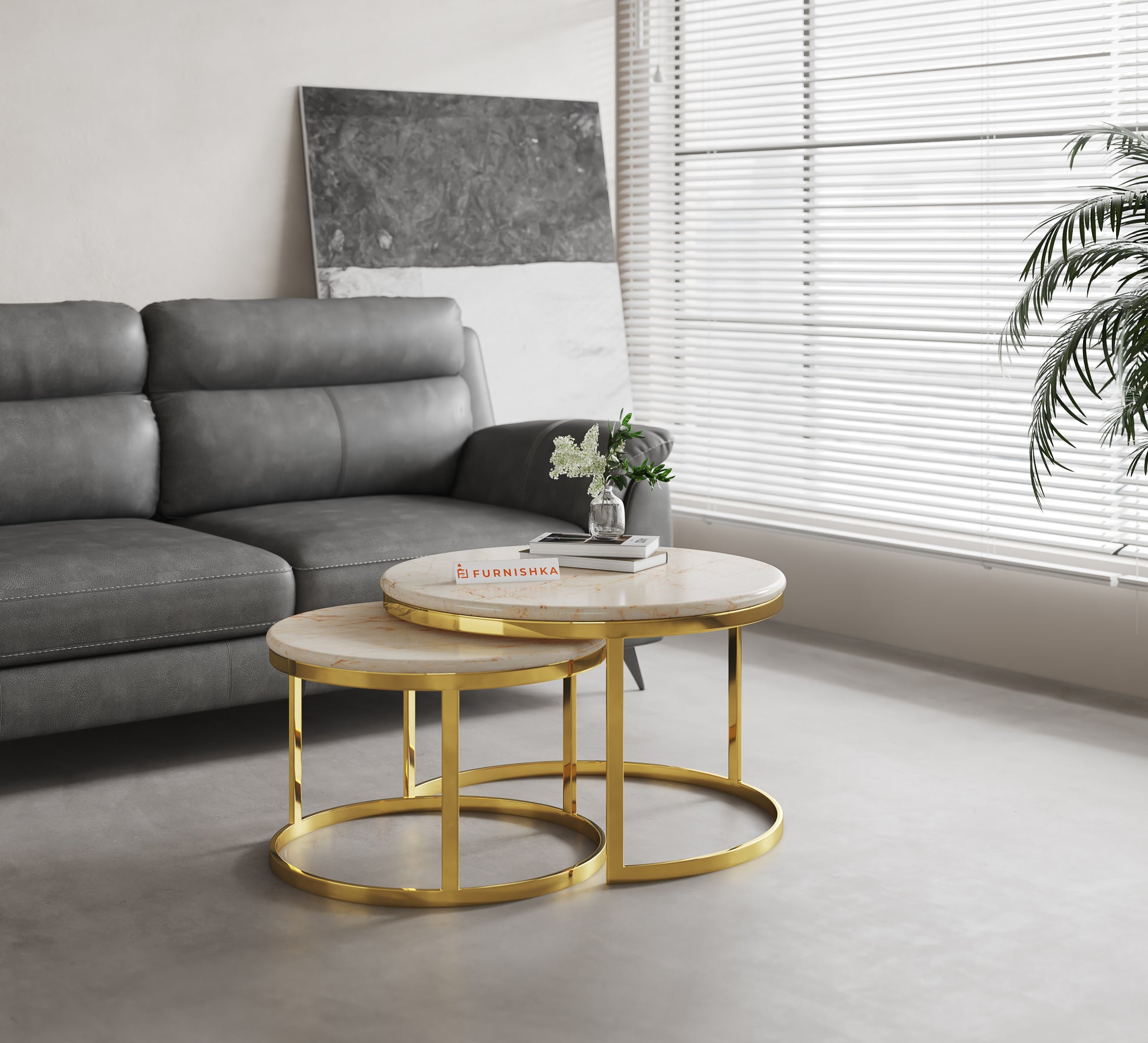 Arcus Nesting Table with ROSALIA GOLD Marble Top in  Gold Finish - Furnishka 