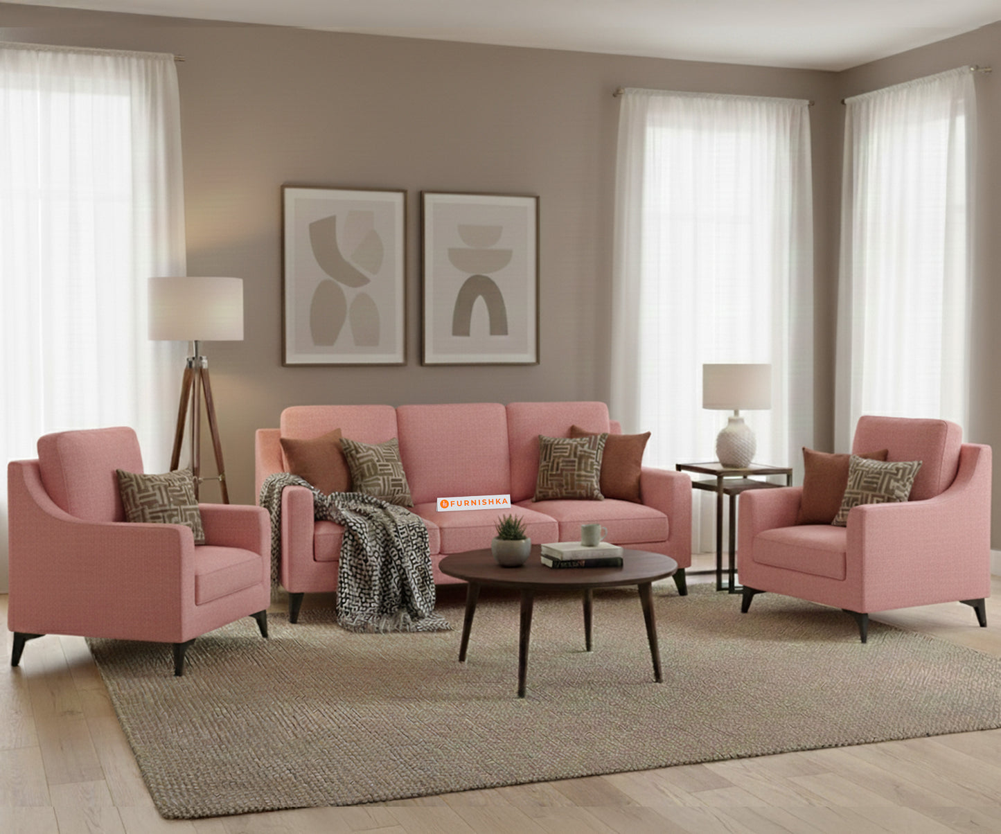 Arrasso 3+1+1 Seater Sofa Set Flamingo Pink - Furnishka 