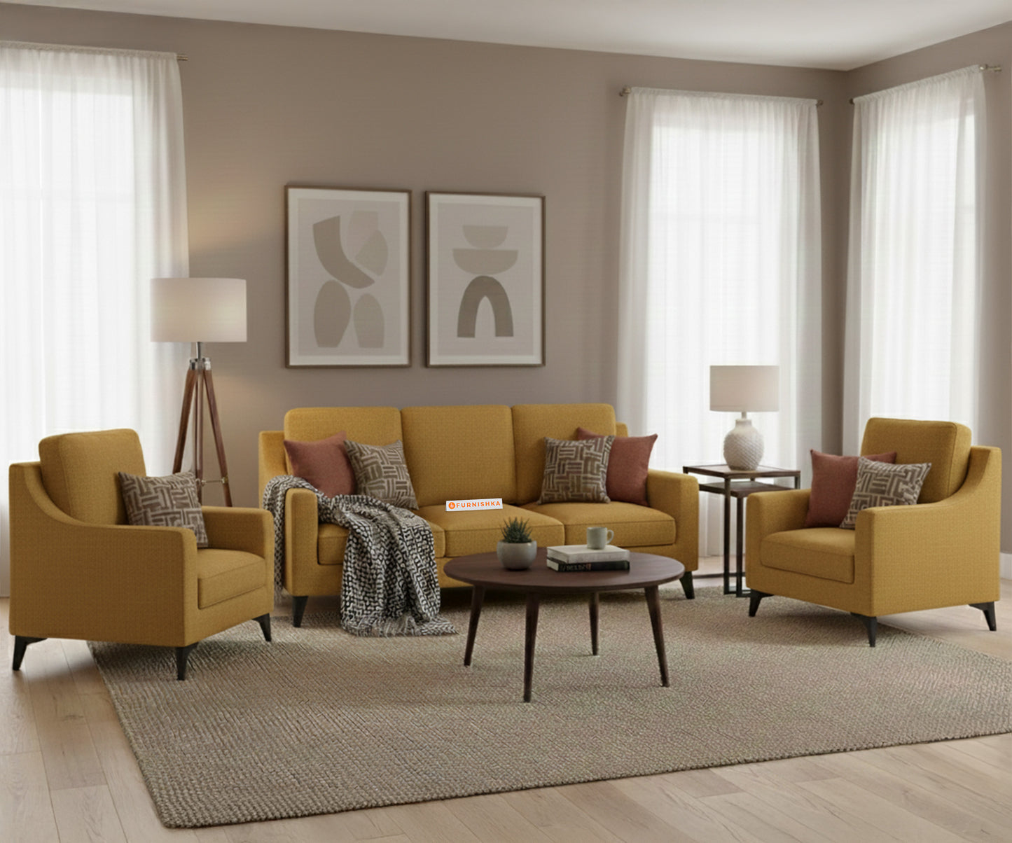 Arrasso 3+1+1 Seater Sofa Set Mustard Yellow - Furnishka 