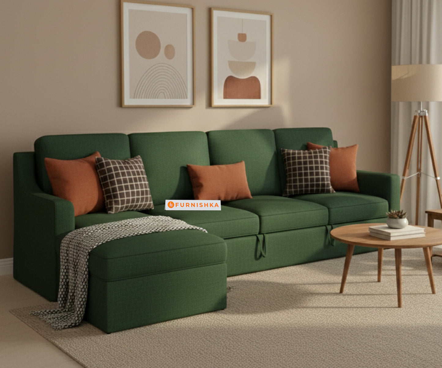 Arrasso Sofa 3+L LHS Sofa cum Bed  - Dark Green Pine - Furnishka 