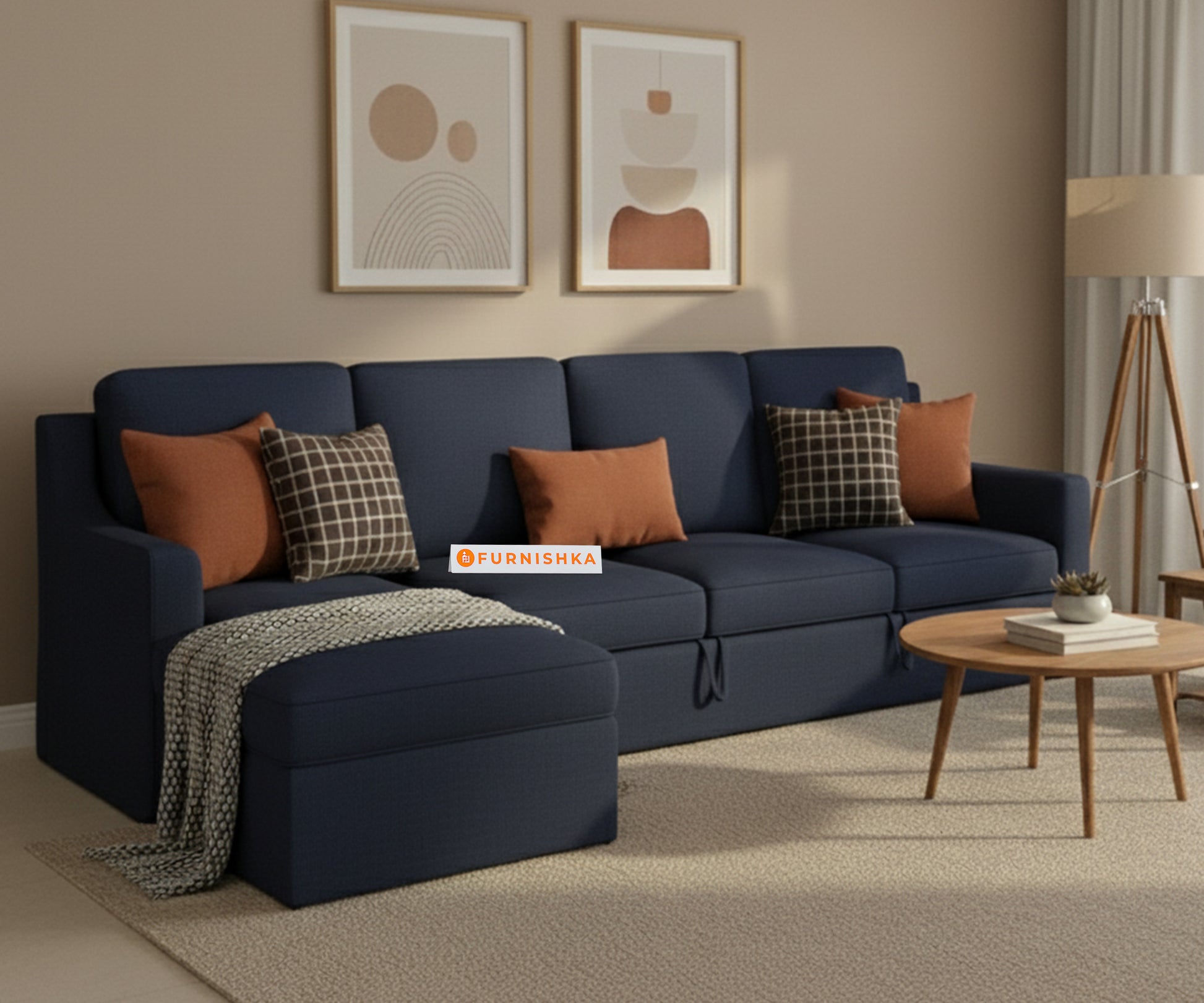 Arrasso Sofa 3+L LHS Sofa cum Bed  - Dark Navy Blue - Furnishka 