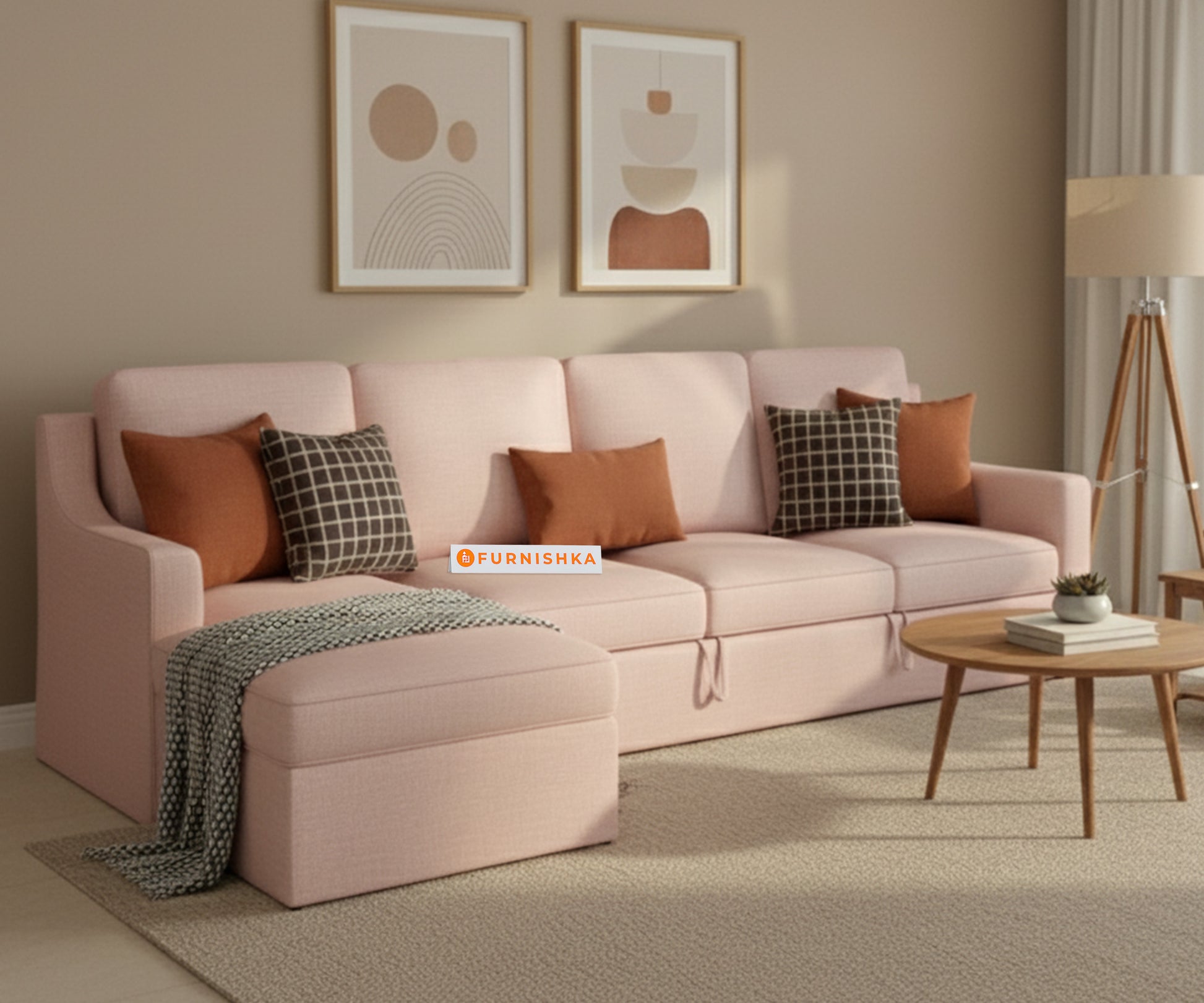 Arrasso Sofa 3+L LHS Sofa cum Bed  - Flamingo Pink - Furnishka 