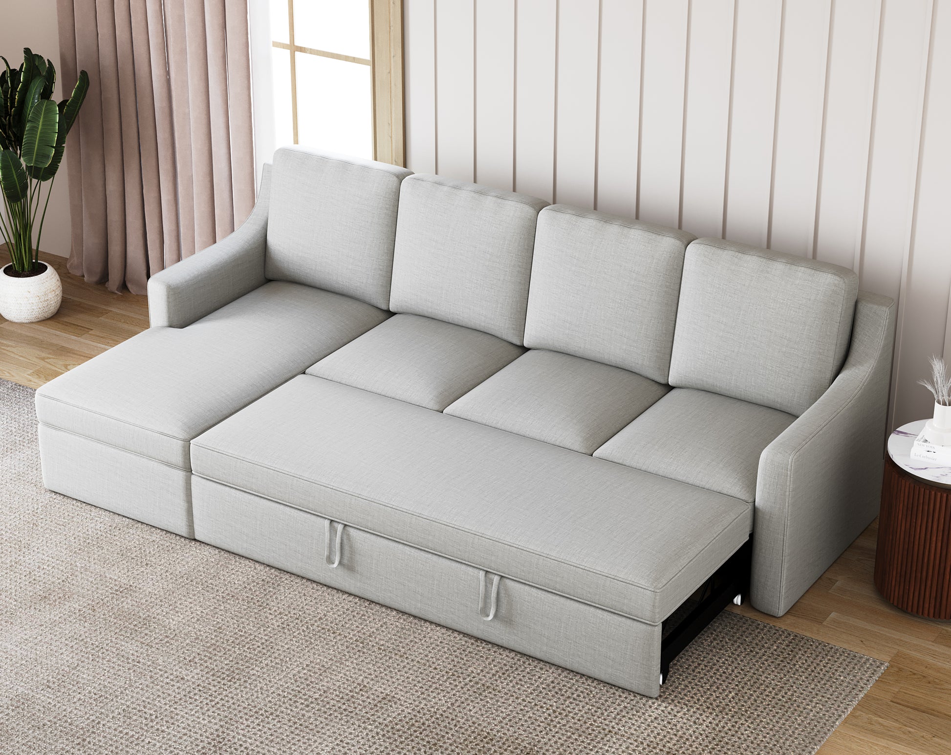 Arrasso Sofa 3+L LHS Sofa cum Bed  - Pull out Type LIght Beige - Furnishka 