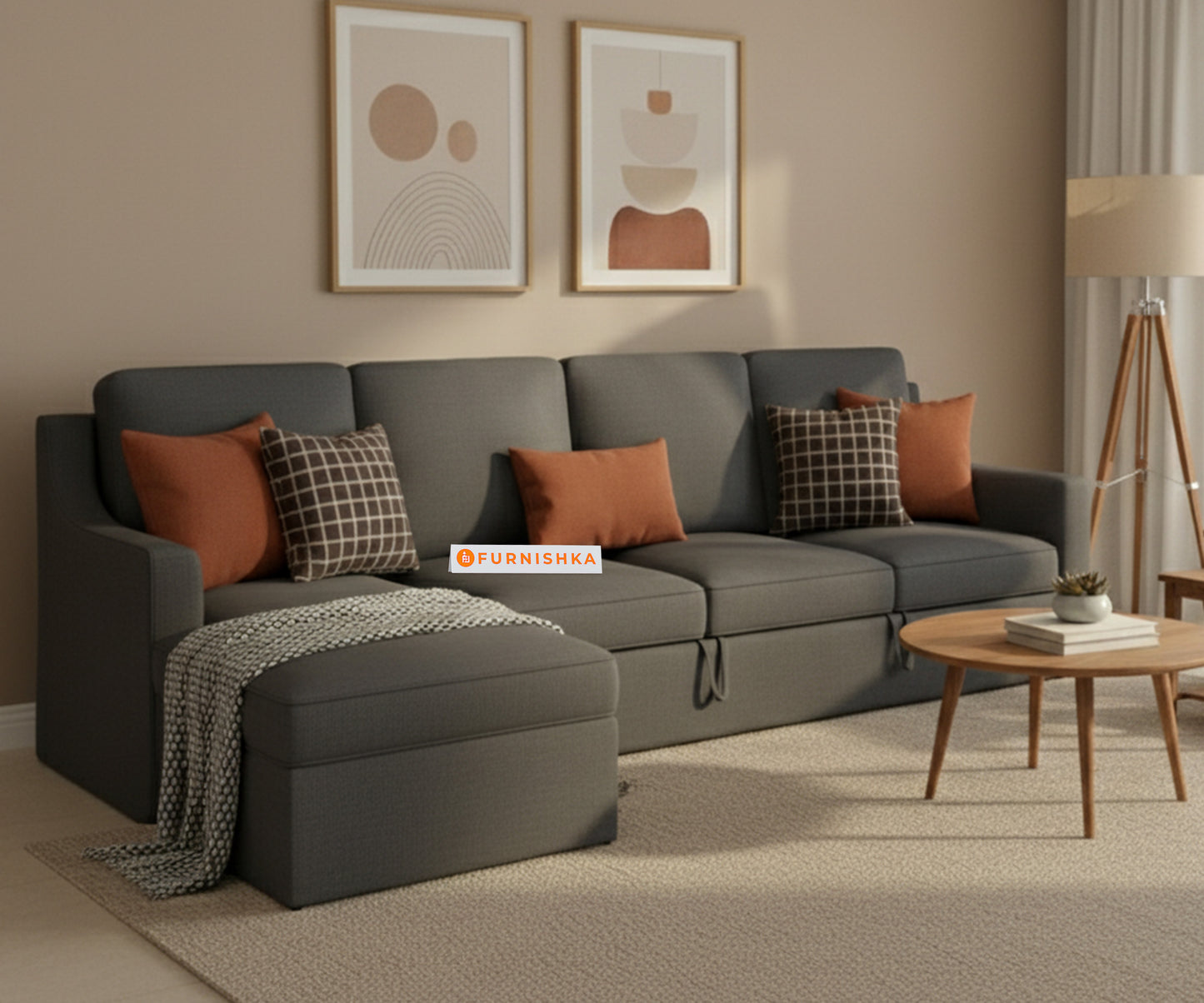 Arrasso Sofa 3+L LHS Sofa cum Bed  - Trout - Space Grey - Furnishka 