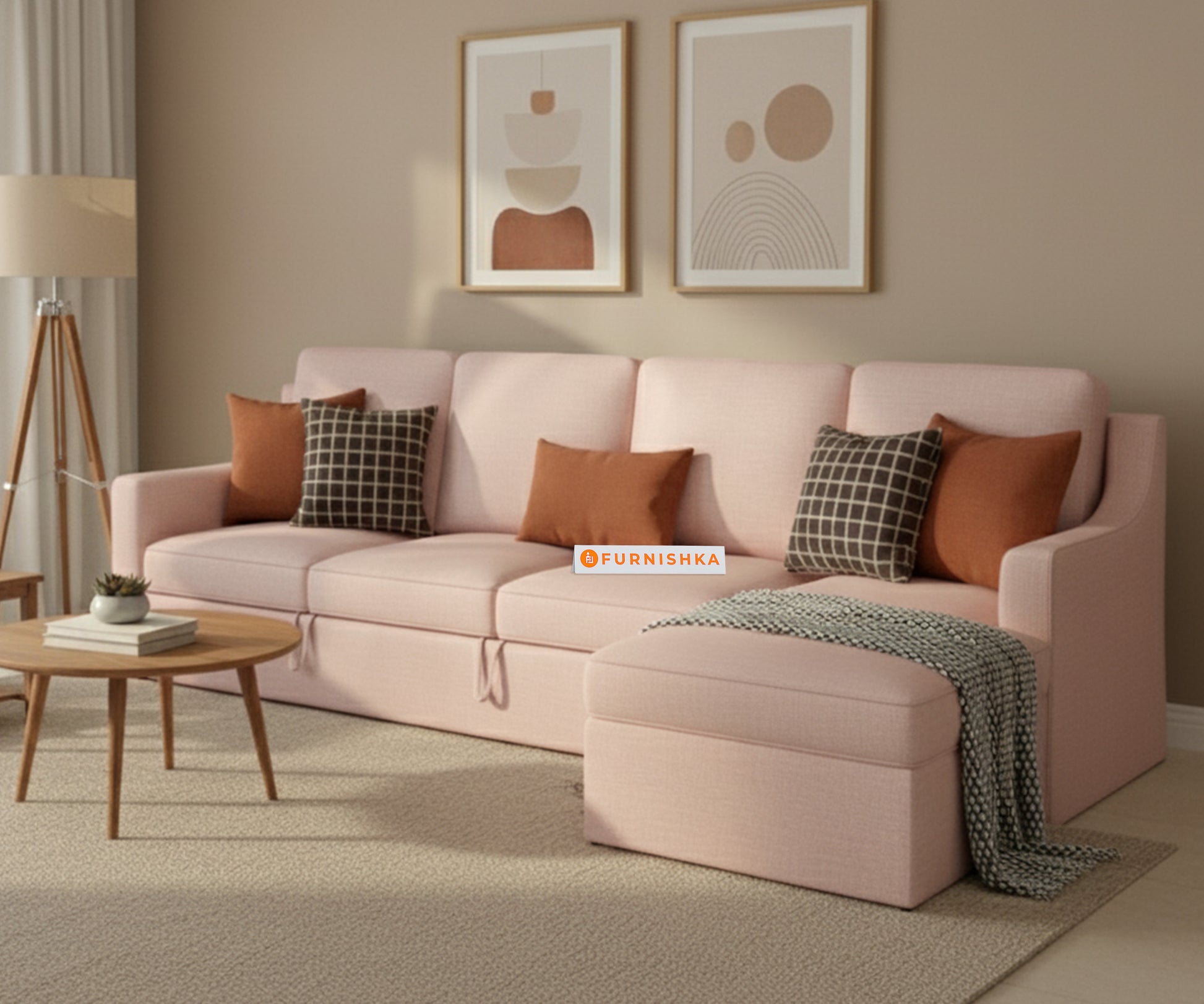 Arrasso Sofa 3+L RHS Sofa cum Bed  - Flamingo Pink - Furnishka 