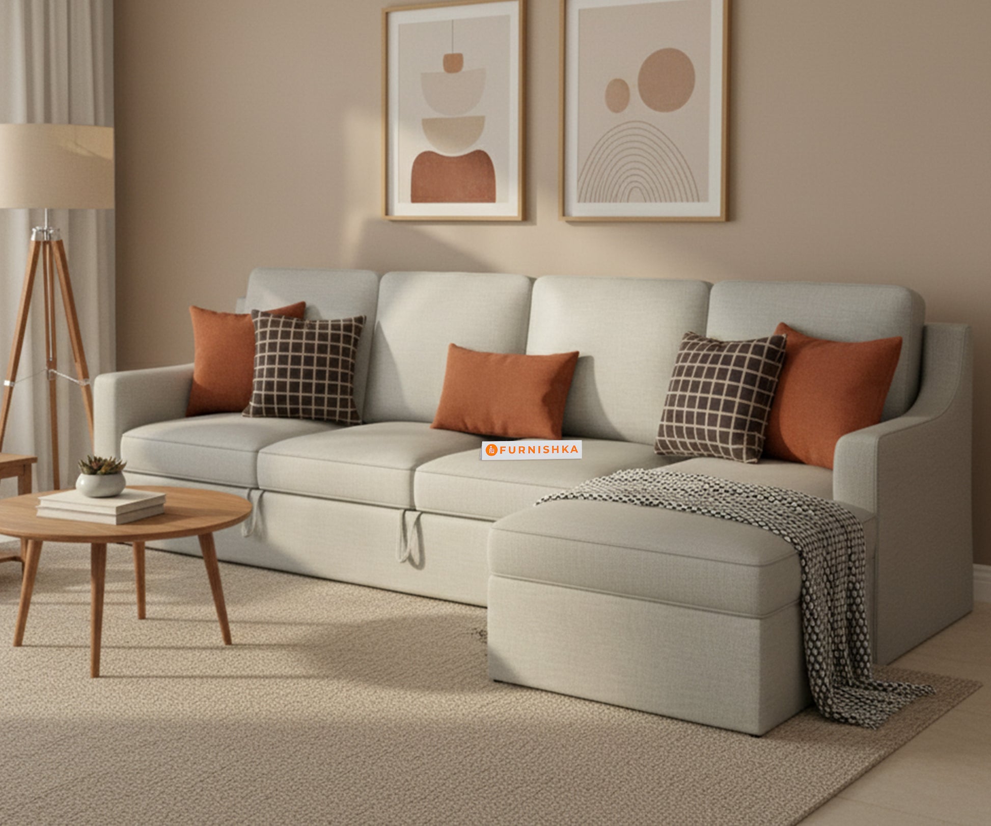 Arrasso Sofa 3+L RHS Sofa cum Bed  - Pull out Type Light Beige - Furnishka 
