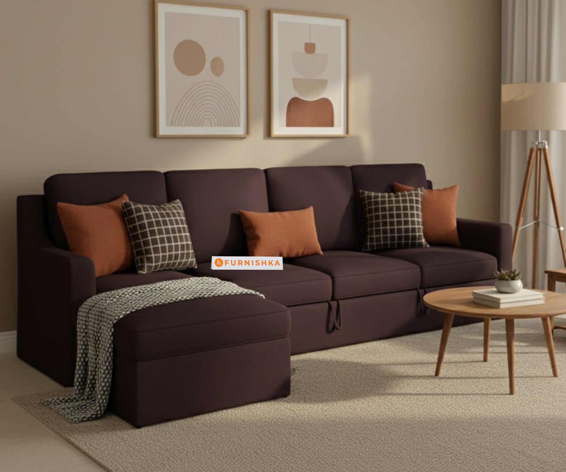 Arrasso Sofa 3+L Shape LHS Sofa cum Bed  - Dark Red Wine - Furnishka