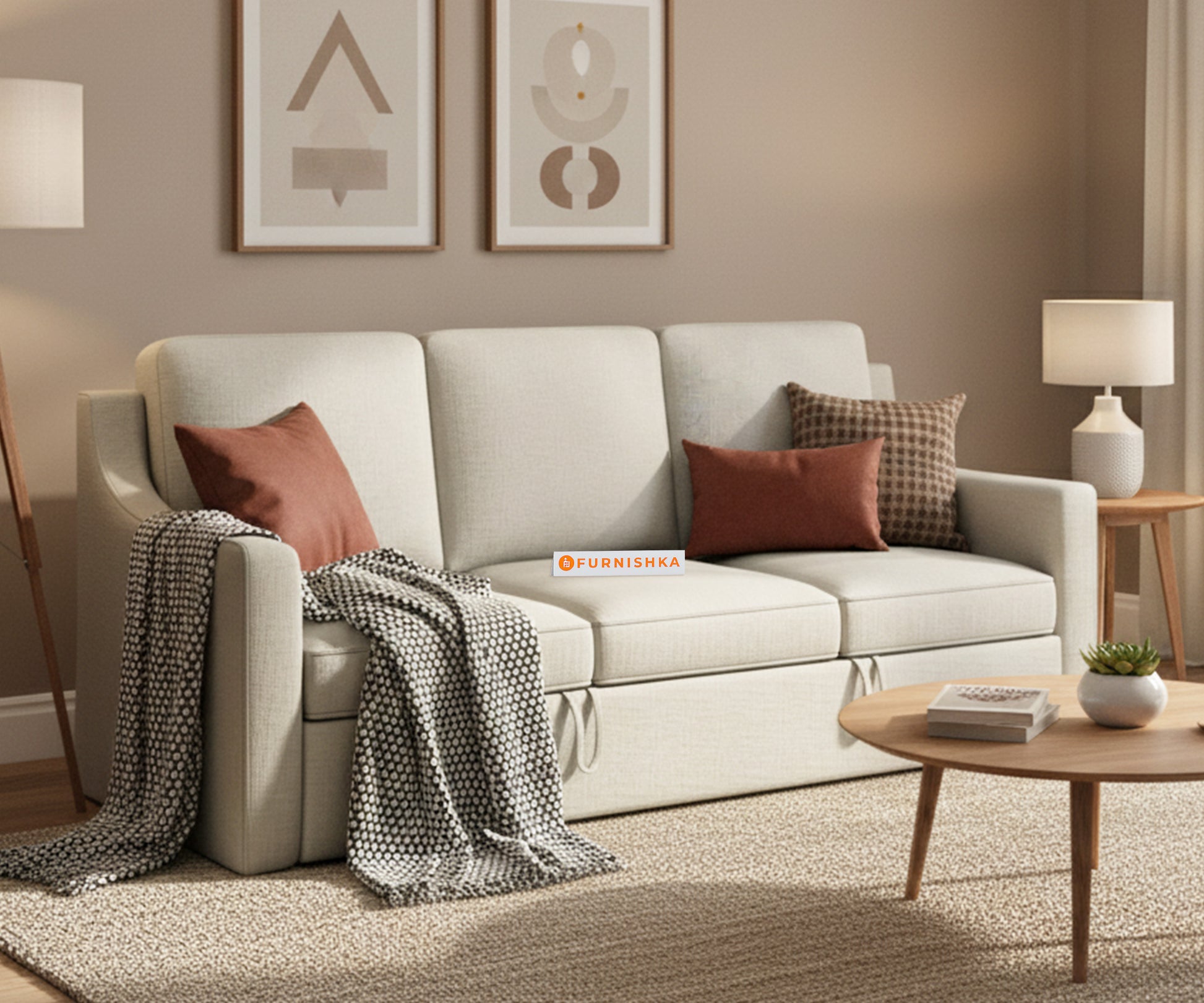 Arrasso Sofa 3 Seater Sofa Cum Bed - Pull out Type - Light Beige - Furnishka 