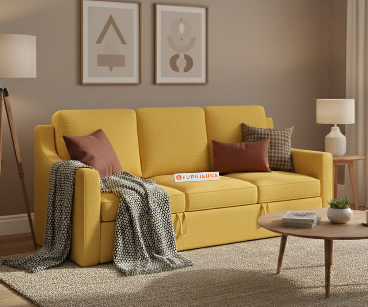 Arrasso Sofa 3 Seater Sofa Cum Bed - Pull out Type - Mustard Yellow - Furnishka 
