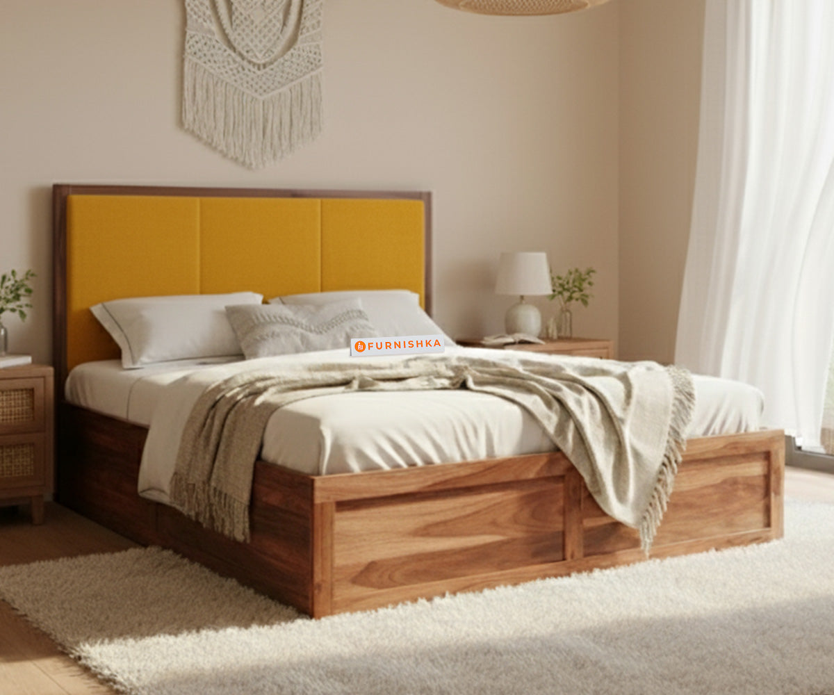 Ashlyn Sheesham Bed Box Storage - Queen Size Mustard Yellow - Furnishka 