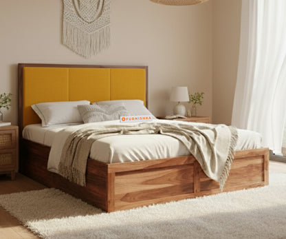 Ashlyn Sheesham Bed Box Storage - Queen Size Mustard Yellow - Furnishka 