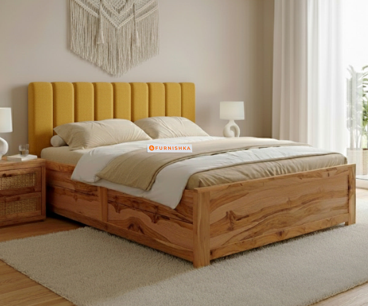 Augustus Real Teak Wood Hydraulic Bed King Size Mustard Yellow - Furnishka 
