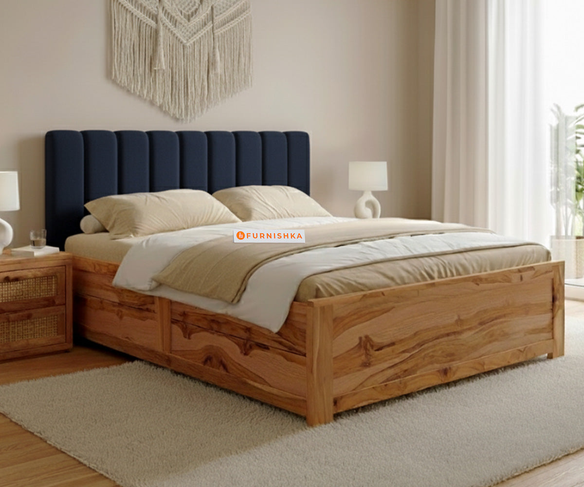 Augustus Real Teak Wood Hydraulic Bed Queen Size Persian Blue - Furnishka 
