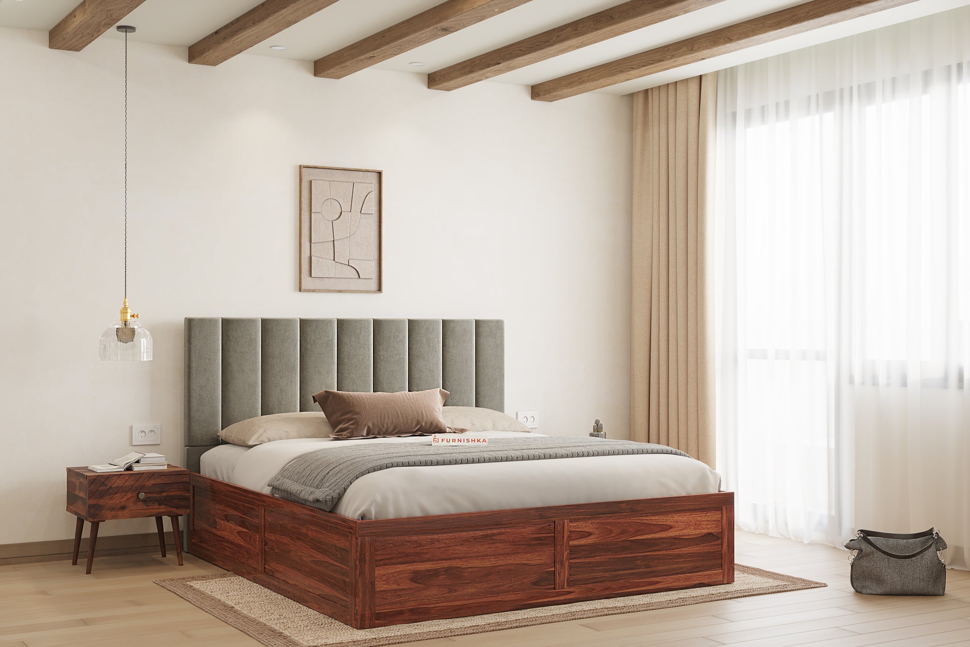 Augustus Sheesham Wood bed with Upholstered headboard Box Storage King Size - Furnishka 