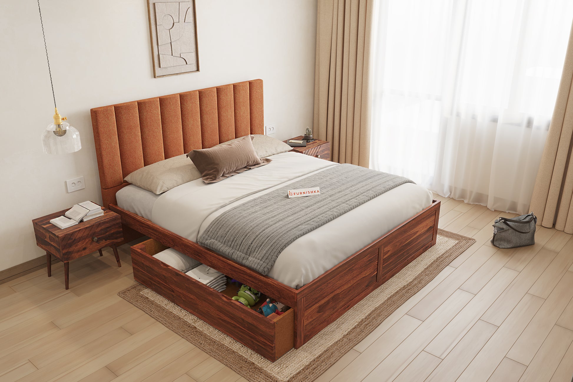 Augustus Sheesham Wood bed with Upholstered headboard Drawer Storge King Size - Furnishka 