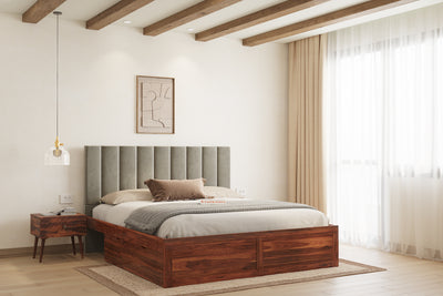 Augustus Sheesham Wood bed with Upholstered headboard Drawer Storge King Size