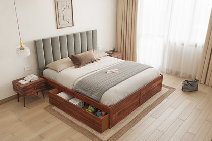 Augustus Sheesham Wood bed with Upholstered headboard Drawer Storge King Size - Furnishka 