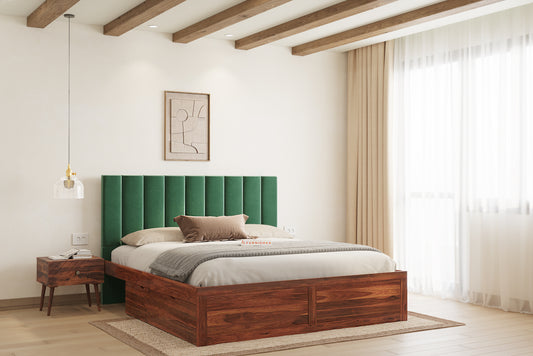 Augustus Sheesham Wood bed with Upholstered headboard Drawer Storge King Size - Furnishka 
