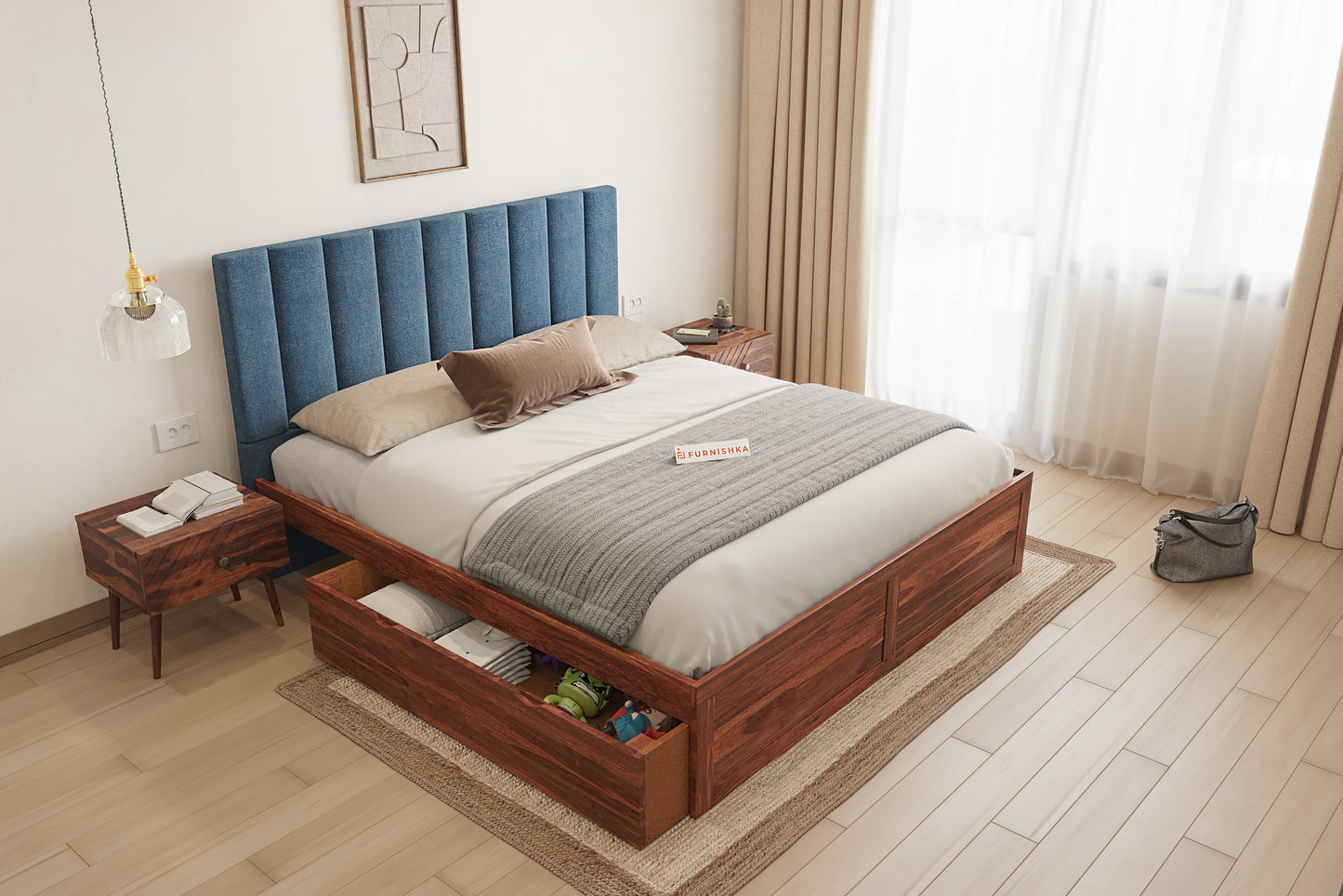 Augustus Sheesham Wood bed with Upholstered headboard Drawer Storge King Size - Furnishka 