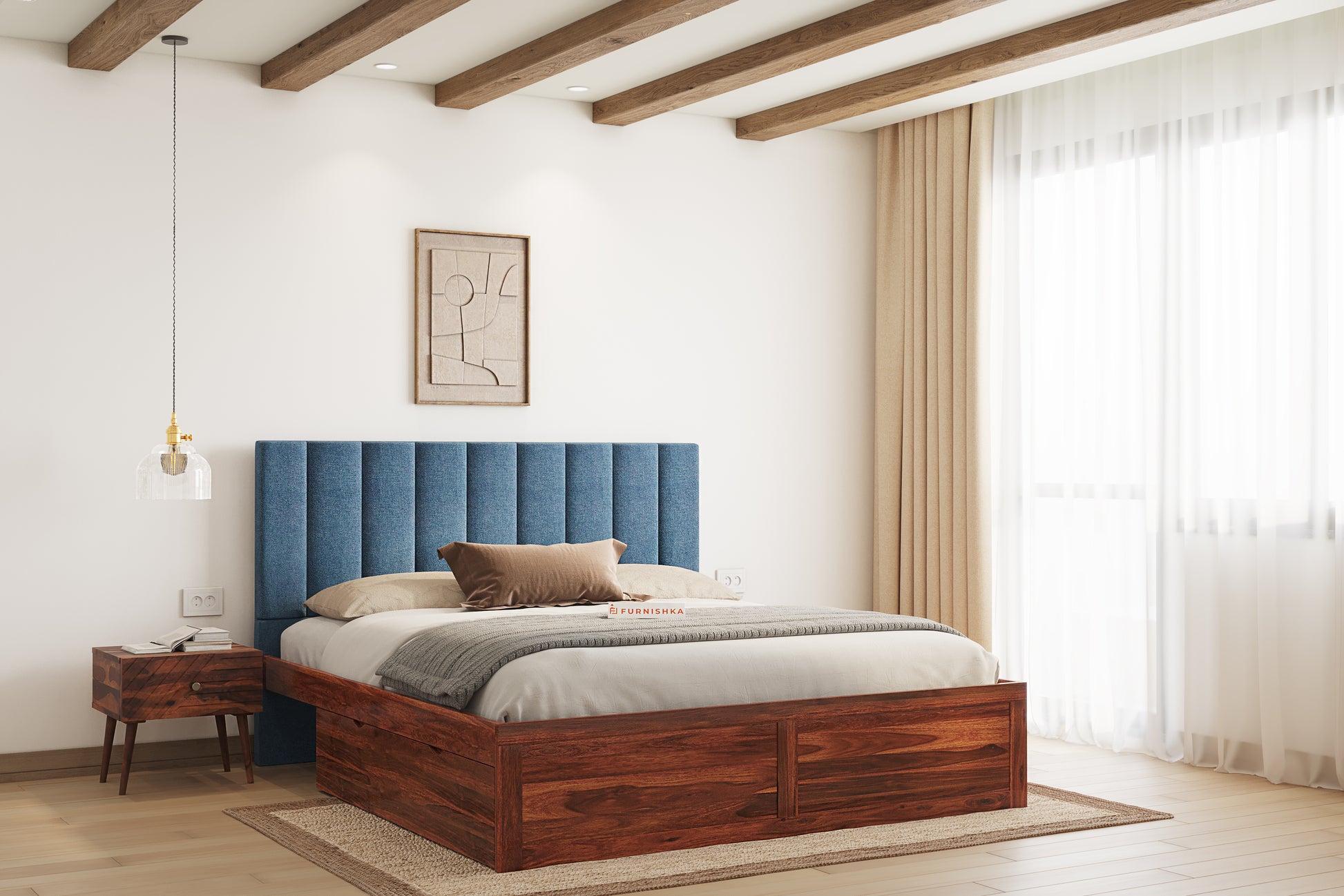 Augustus Sheesham Wood bed with Upholstered headboard Drawer Storge King Size - Furnishka 