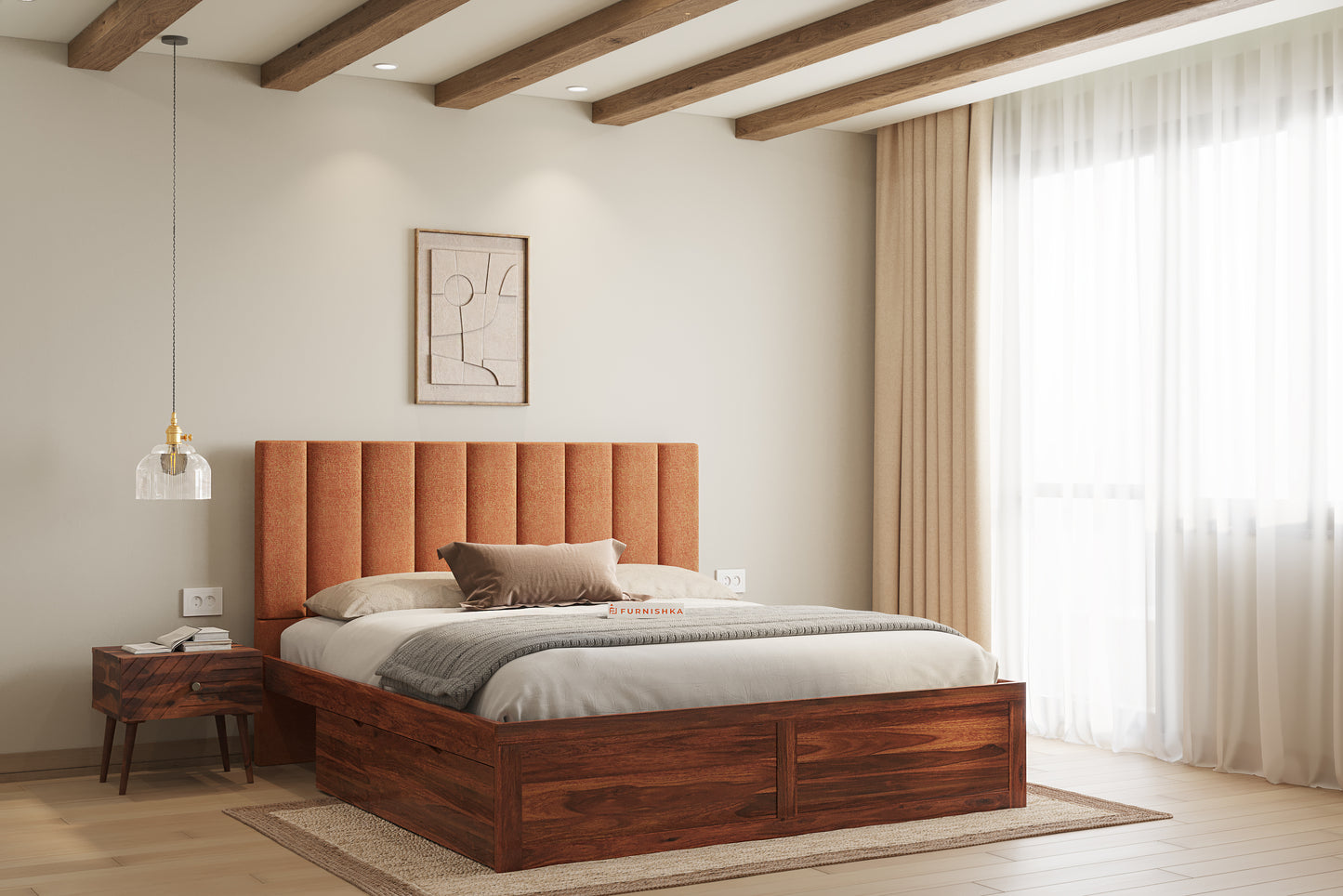 Augustus Sheesham Wood bed with Upholstered headboard Drawer Storge Queen Size - Furnishka 