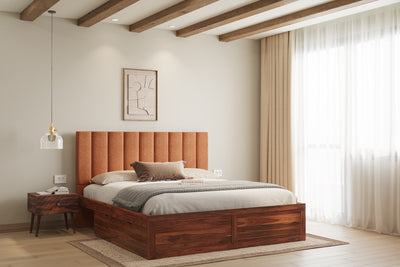 Augustus Sheesham Wood bed with Upholstered headboard Drawer Storge Queen Size
