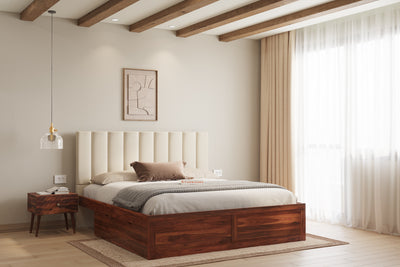 Augustus Sheesham Wood bed with Upholstered headboard Drawer Storge Queen Size