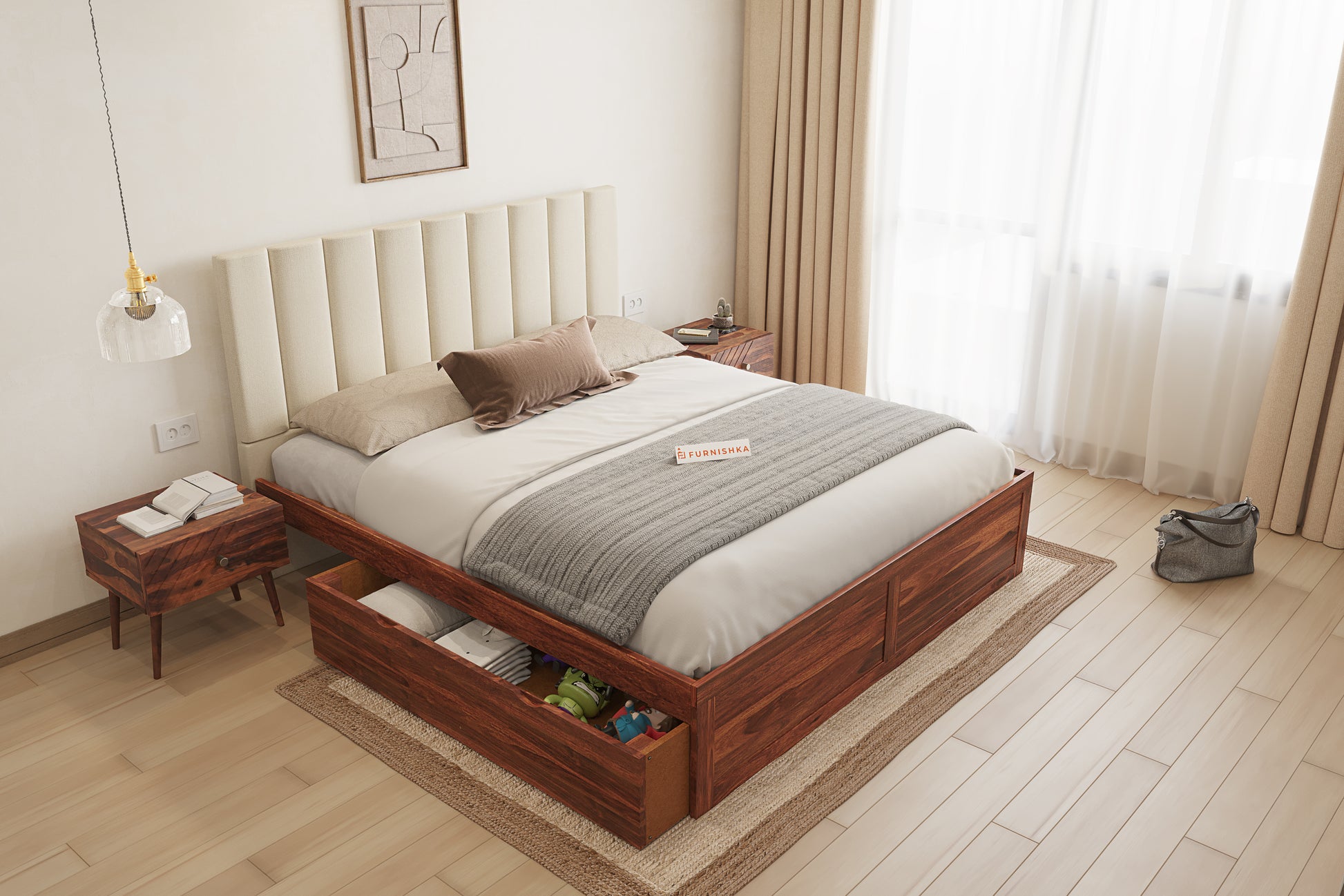 Augustus Sheesham Wood bed with Upholstered headboard Drawer Storge King Size - Furnishka 