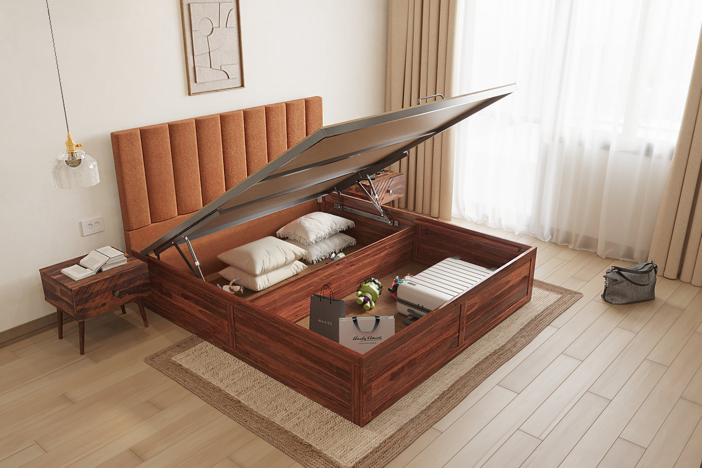 Augustus Sheesham Wood bed with Upholstered headboard Hydraulic Storage King Size - Furnishka 