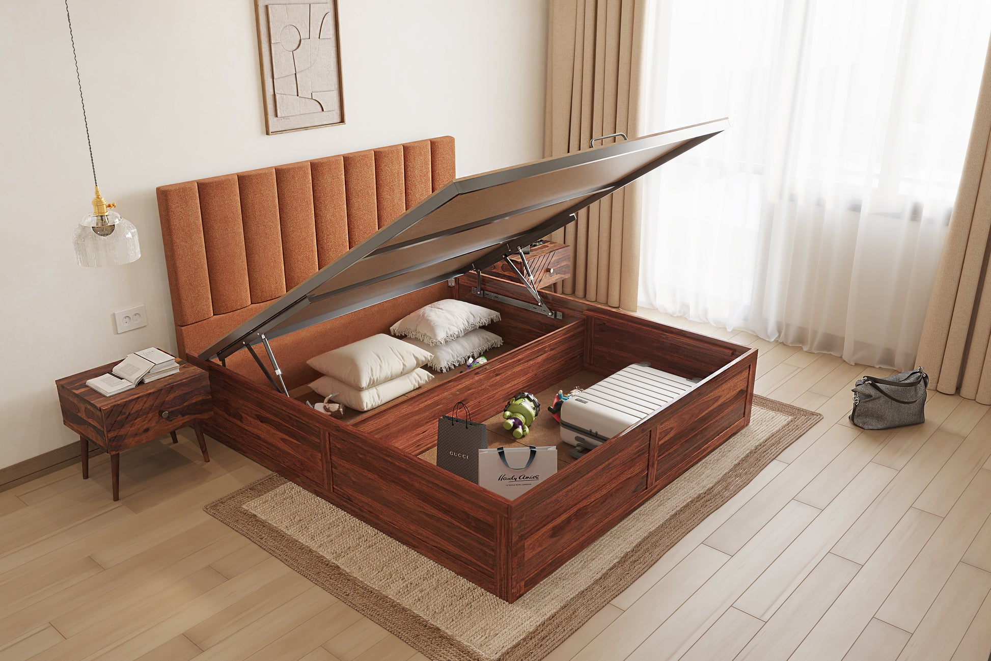 Augustus Sheesham Wood bed with Upholstered headboard Hydraulic Storage King Size - Furnishka 