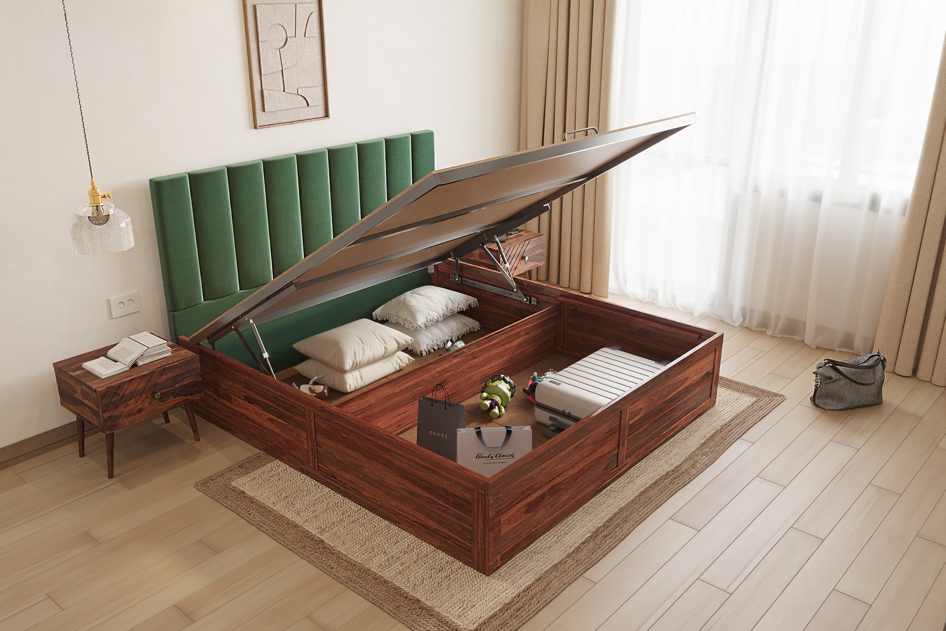 Augustus Sheesham Wood bed with Upholstered headboard Hydraulic Storage Queen Size - Furnishka 