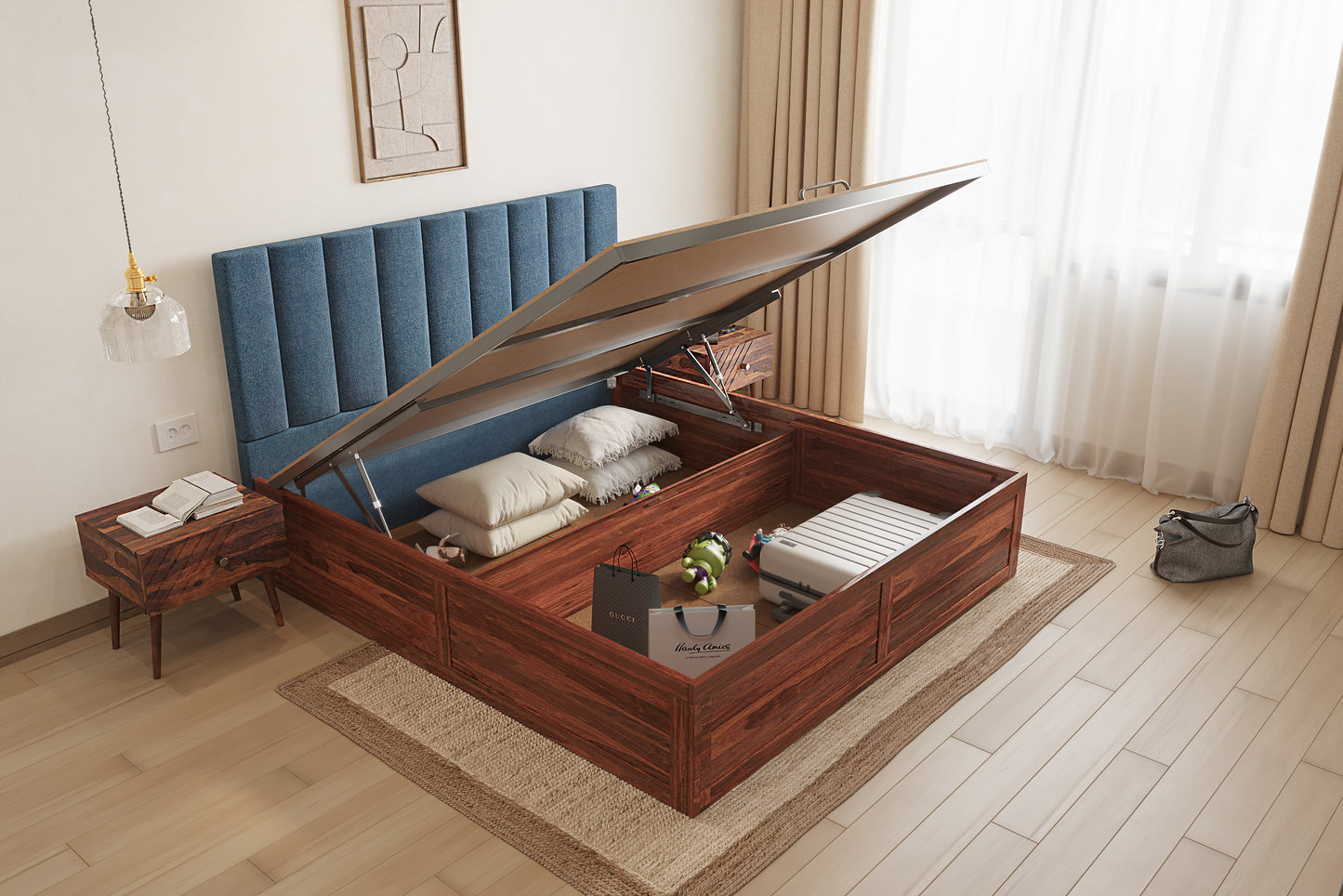 Augustus Sheesham Wood bed with Upholstered headboard Hydraulic Storage Queen Size - Furnishka 