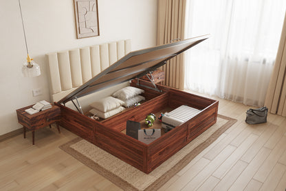 Augustus Sheesham Wood bed with Upholstered headboard Hydraulic Storage Queen Size - Furnishka 