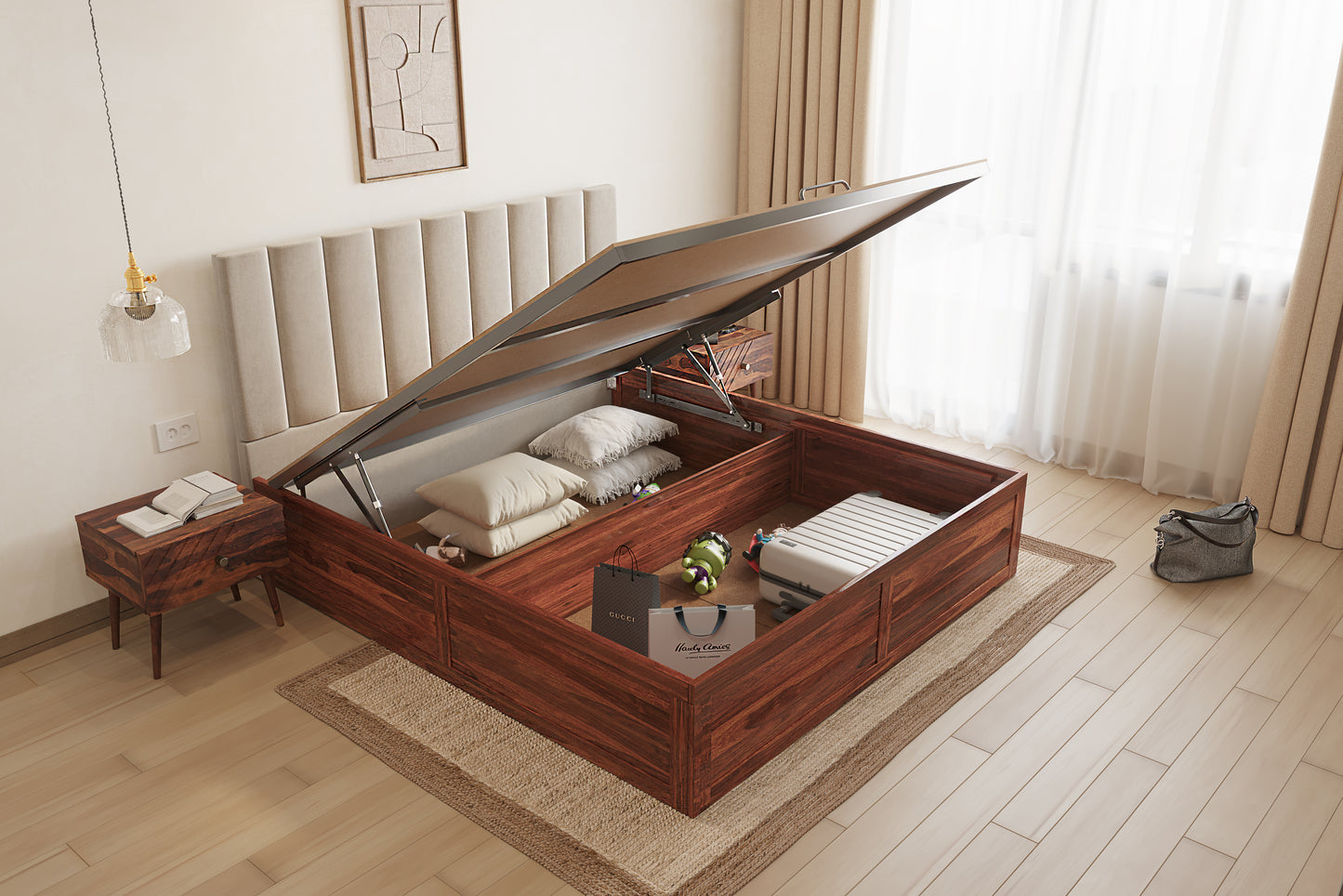 Augustus Sheesham Wood bed with Upholstered headboard Hydraulic Storage King Size - Furnishka 