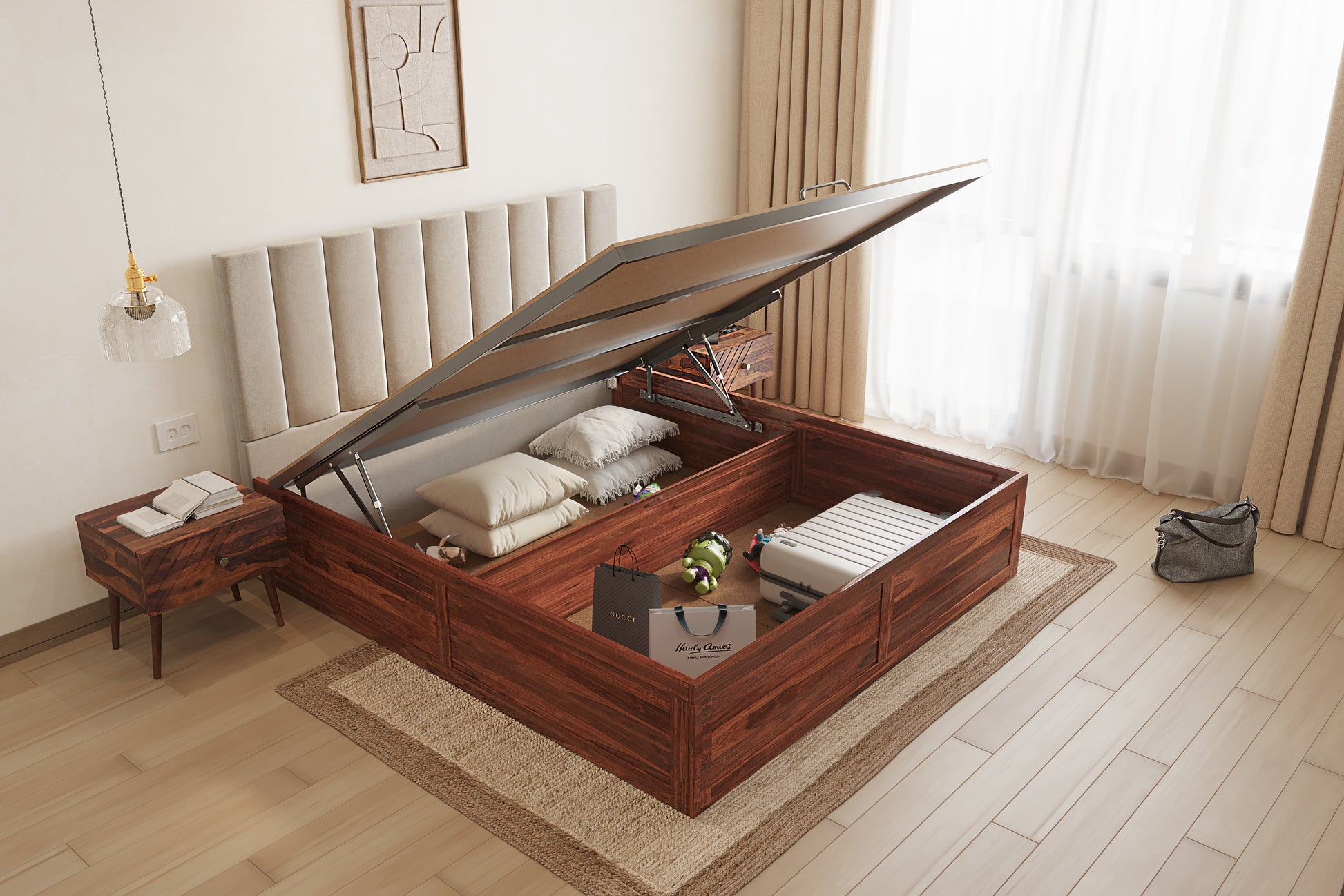 Augustus Sheesham Wood bed with Upholstered headboard Hydraulic Storage King Size - Furnishka 