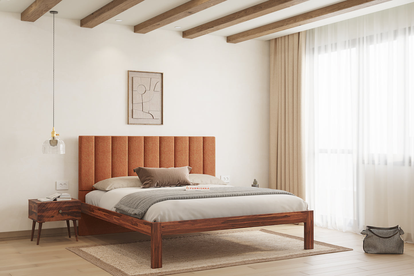Augustus Sheesham Wood bed with Upholstered headboard Non Storage Queen Size - Furnishka 