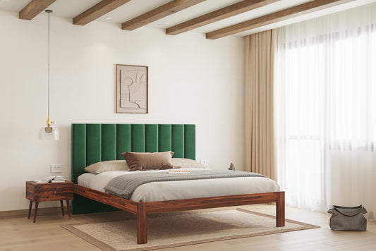 Augustus Sheesham Wood bed with Upholstered headboard Non Storage King Size - Furnishka