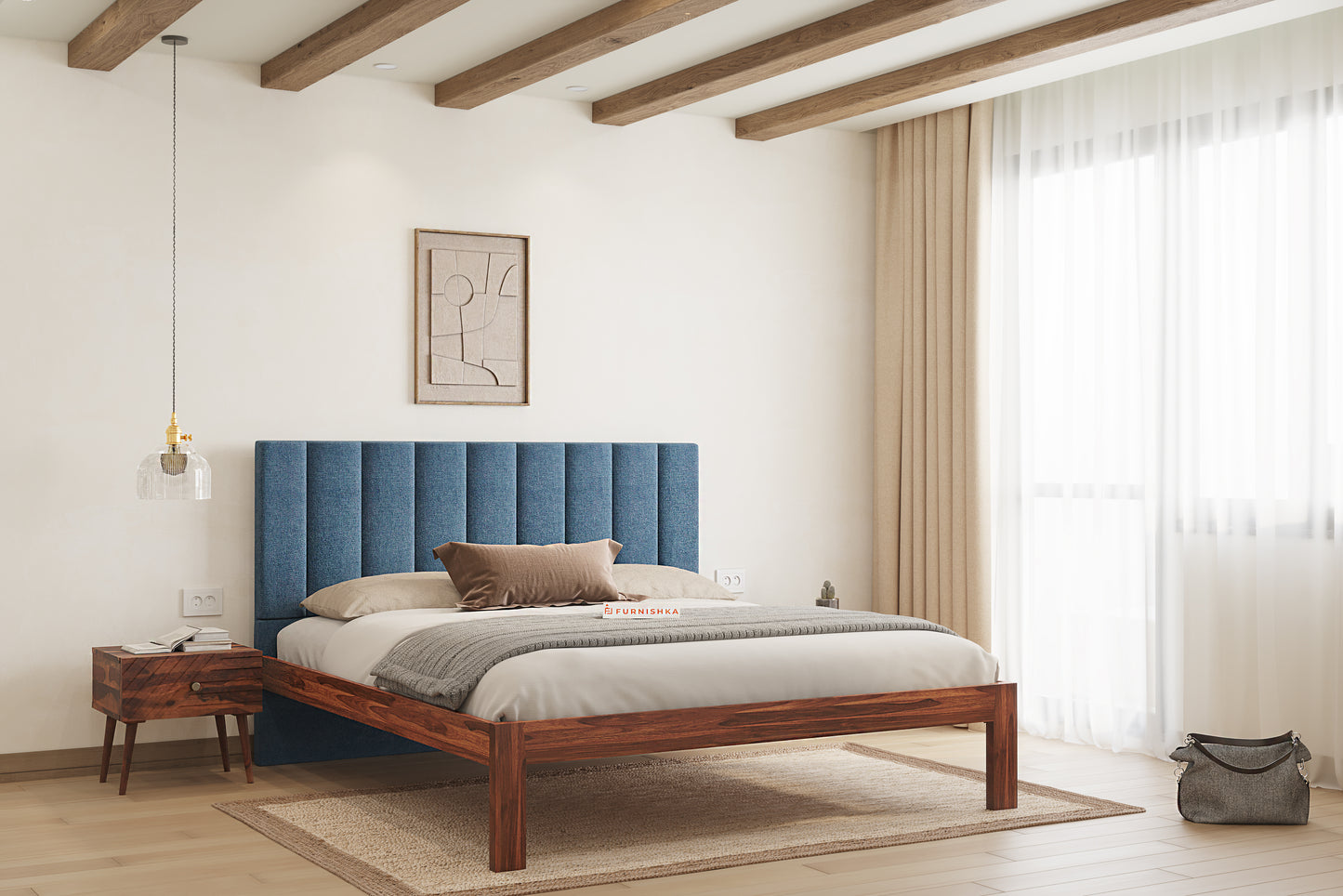 Augustus Sheesham Wood bed with Upholstered headboard Non Storage Queen Size - Furnishka 