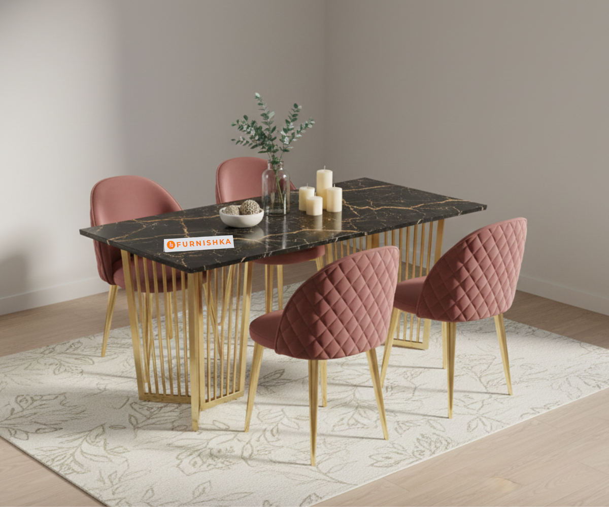 Barolo 4 Seater Dining Sets with Black Engineered Marble Top - Furnishka