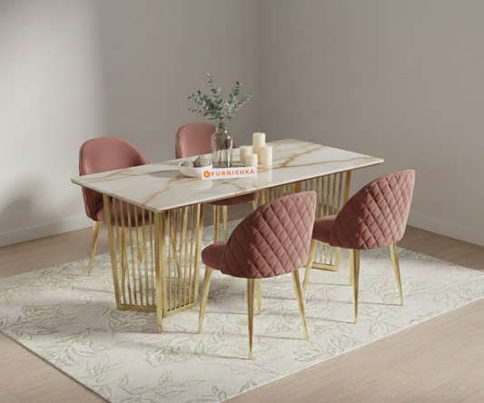 Barolo 4 Seater Dining Sets with Rosalia Gold sandwich Engineering Marble Top - Gold  Finish - Furnishka