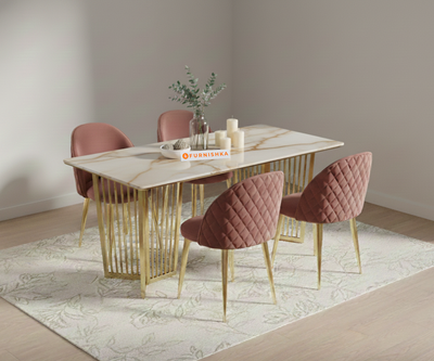 Barolo 4 Seater Dining Sets with Rosalia Gold sandwich Engineering Marble Top - Gold  Finish