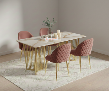 Barolo 4 Seater Dining Sets with Rosalia Gold sandwich Engineering Marble Top - Gold  Finish - Furnishka