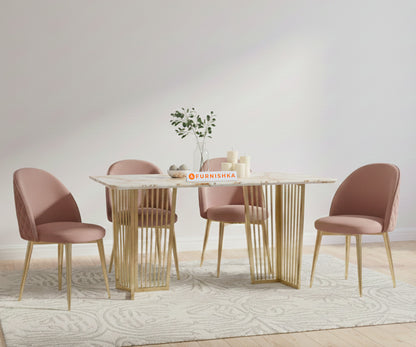 Barolo 4 Seater Dining Table with ROSALIA GOLD sandwich Engineering Marble Top - in Gold Finish - Furnishka 