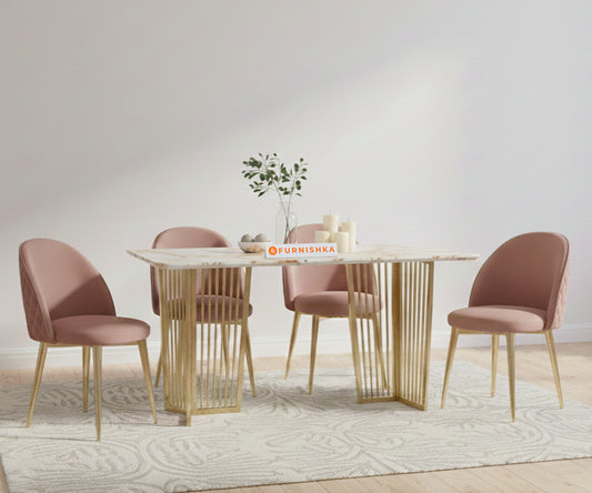 Barolo 4 Seater Dining Table with ROSALIA GOLD sandwich Engineering Marble Top - in Gold Finish - Furnishka 