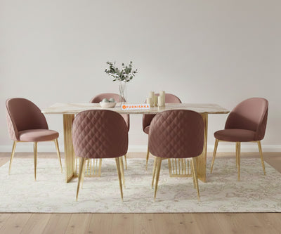 Barolo 6 Seater Dining Sets with Rosalia Gold sandwich Engineering Marble Top - Gold  Finish